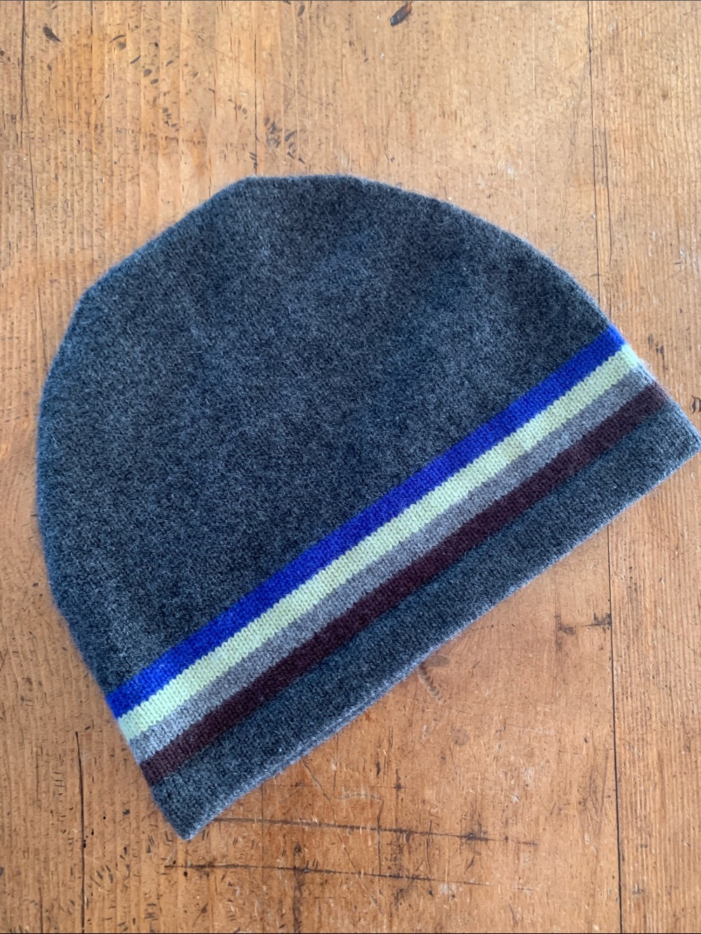 Bloomingdale's Gray Knit Beanie with Blue, Cream, and Brown Stripes